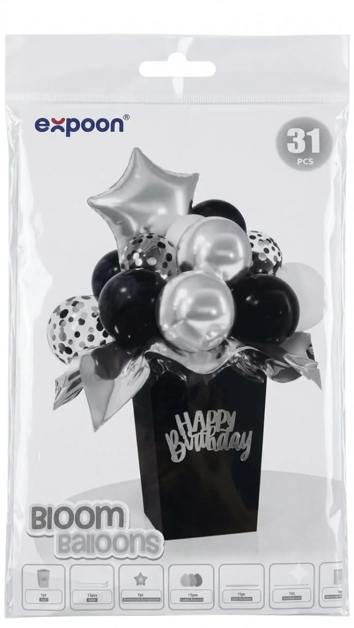 Black & Silver Happy Birthday Balloon Bouquet Set (31 Pcs) - Image 2