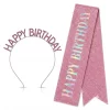 Pink Glitter Happy Birthday Sash & Headband Set