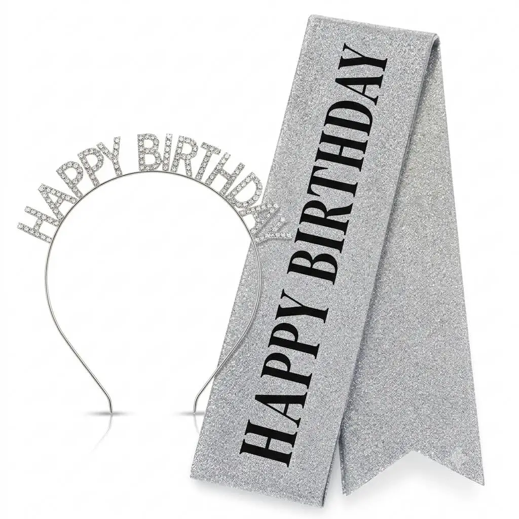 Silver Glitter Happy Birthday Sash & Headband Set