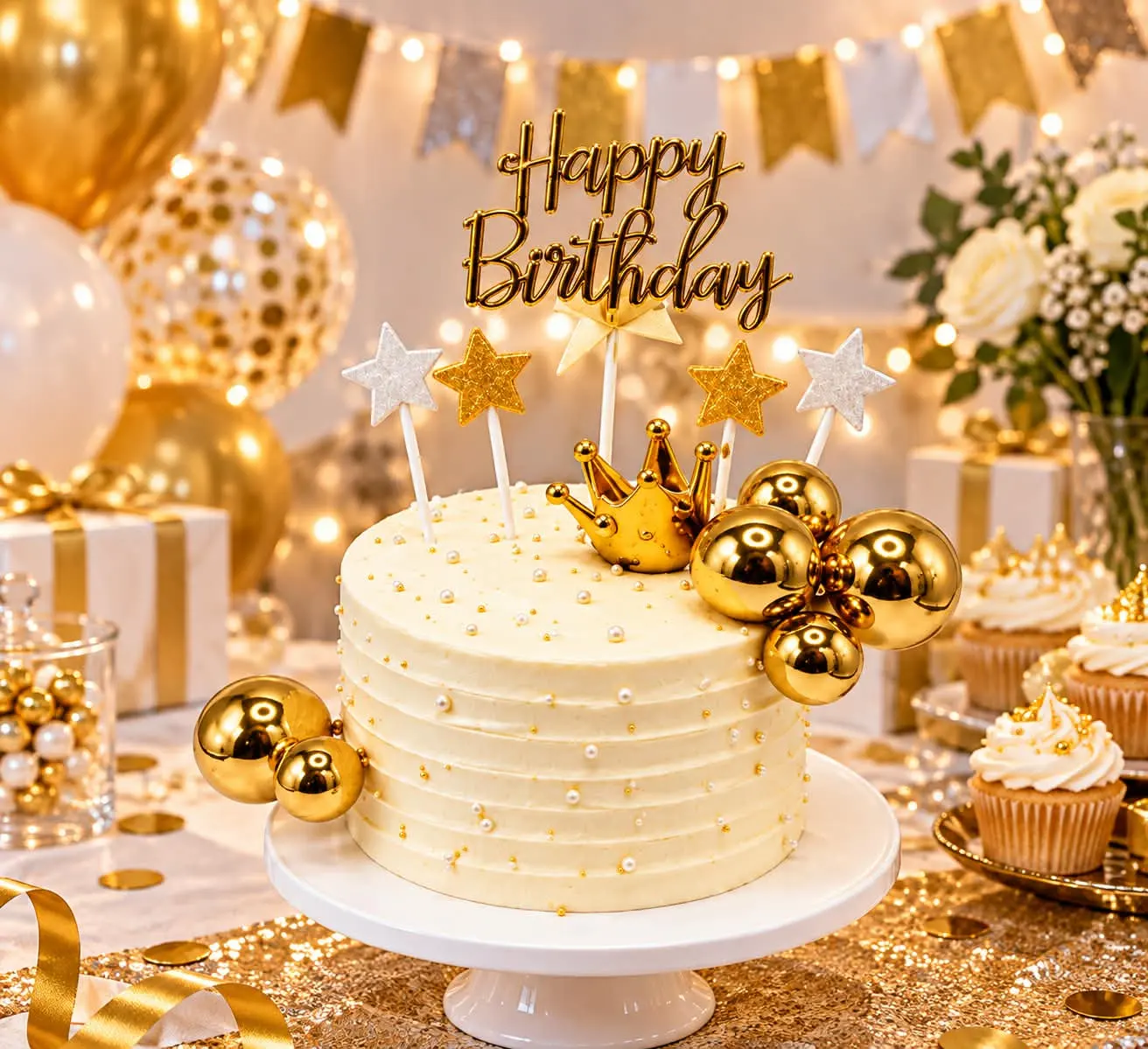 Gold Happy Birthday Cake Topper Set - Image 2